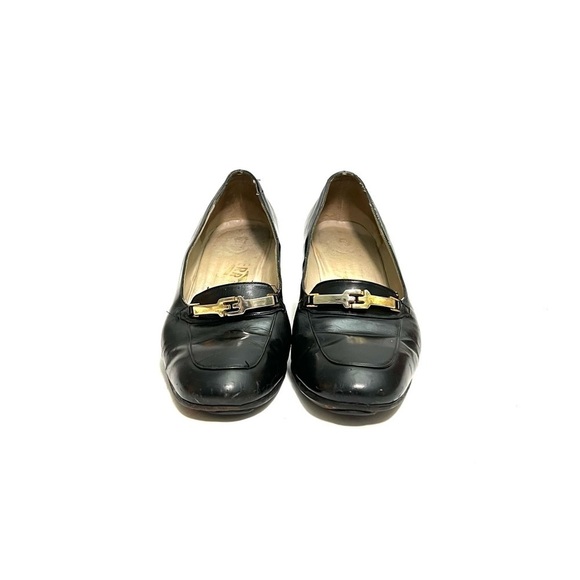 FERRAGAMO | Vintage 1990s black leather logo horsebit heeled loafers